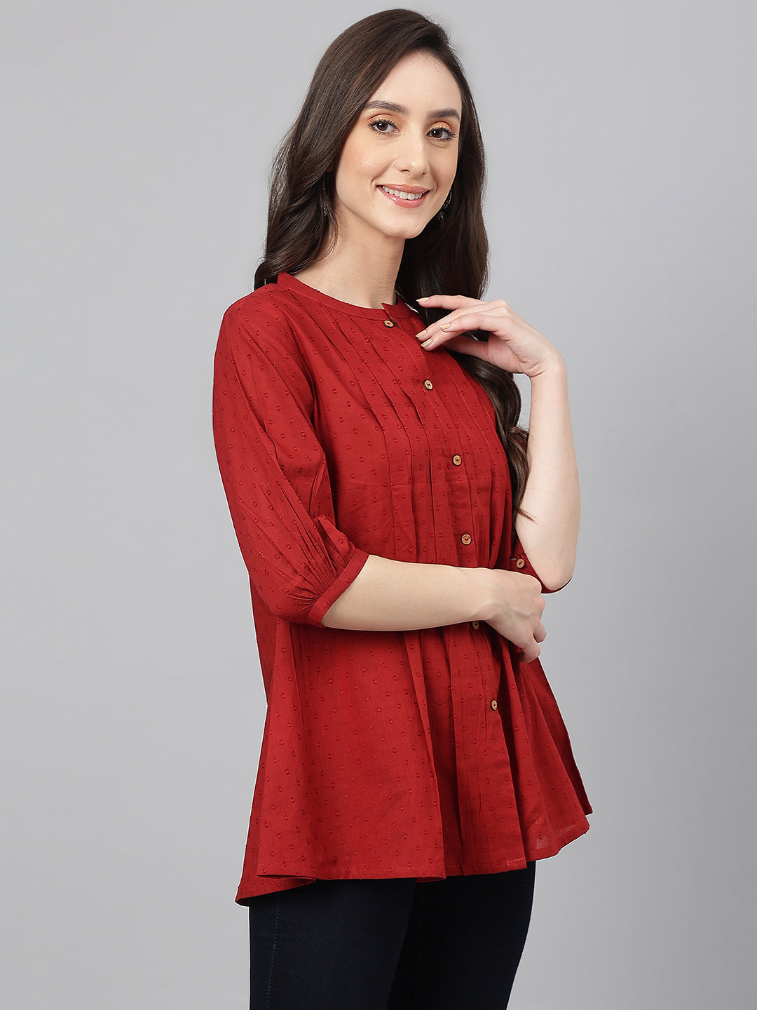Janasya Women's Maroon Cotton Dobby Solid Flared Top - Distacart