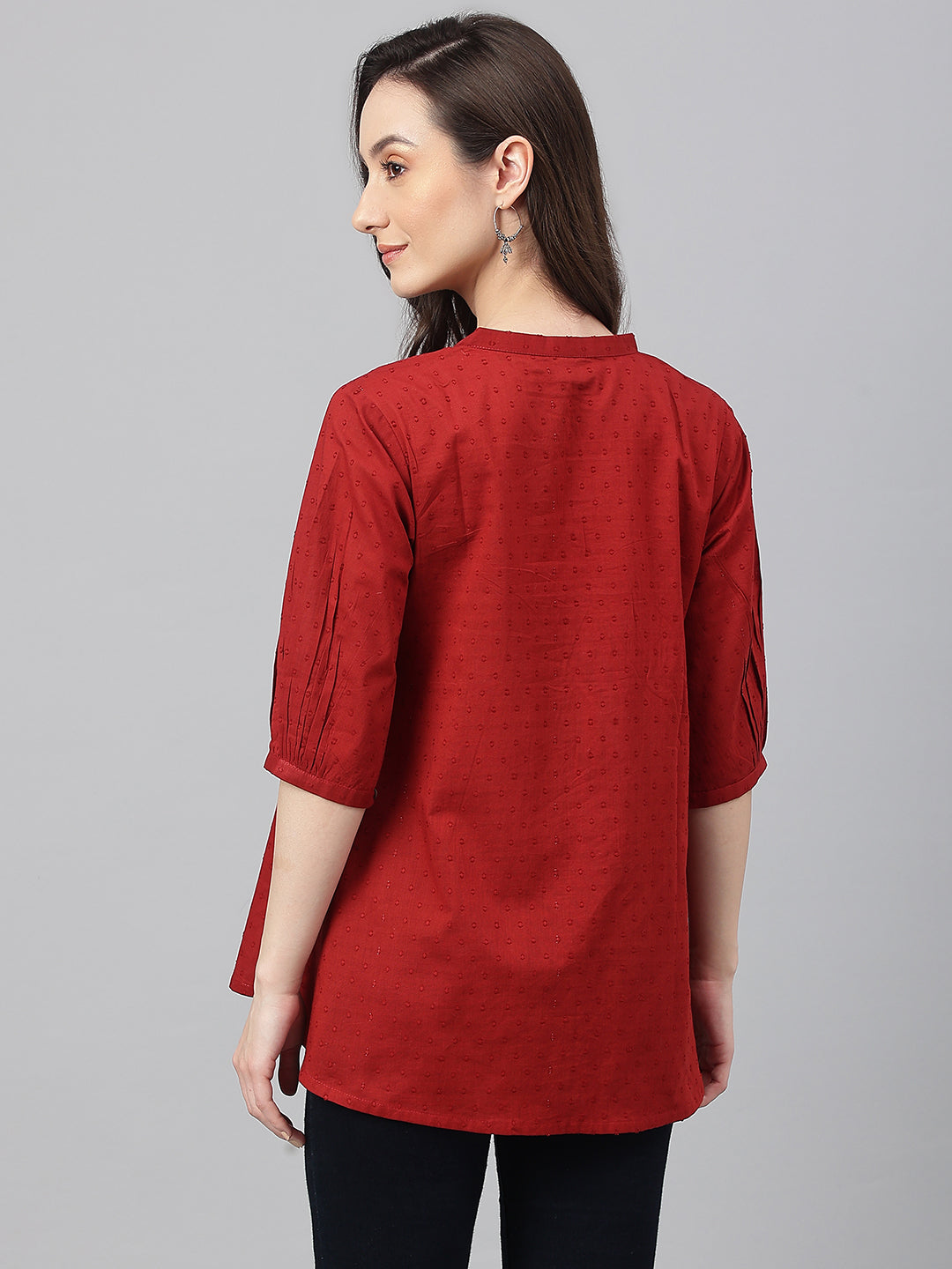 Janasya Women's Maroon Cotton Dobby Solid Flared Top - Distacart