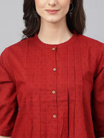 Thumbnail for Janasya Women's Maroon Cotton Dobby Solid Flared Top - Distacart