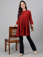 Thumbnail for Janasya Women's Maroon Dobby Cotton Solid A-Line Tunic - Distacart