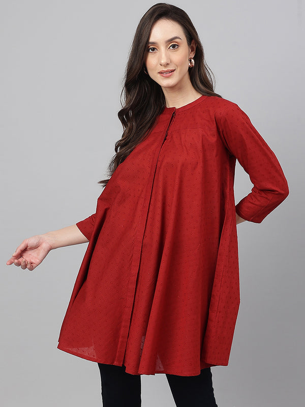 Janasya Women's Maroon Dobby Cotton Solid A-Line Tunic - Distacart