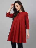Thumbnail for Janasya Women's Maroon Dobby Cotton Solid A-Line Tunic - Distacart