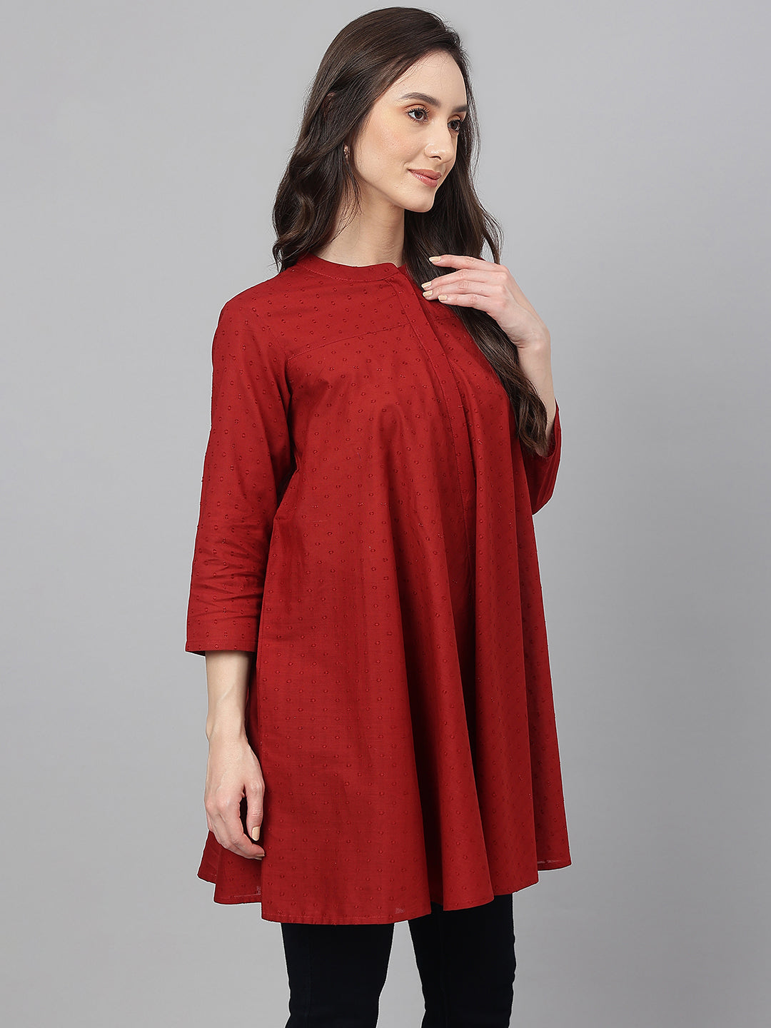 Janasya Women's Maroon Dobby Cotton Solid A-Line Tunic - Distacart