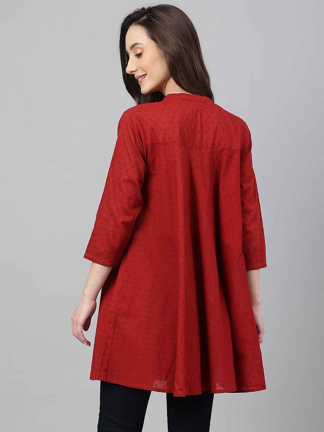 Janasya Women's Maroon Dobby Cotton Solid A-Line Tunic - Distacart