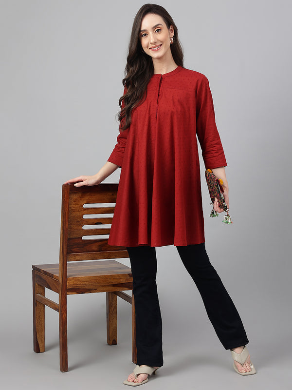 Janasya Women's Maroon Dobby Cotton Solid A-Line Tunic - Distacart