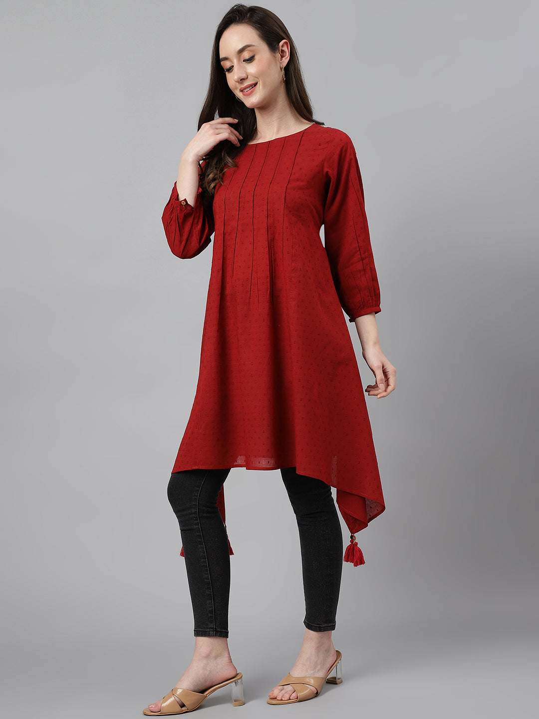 Janasya Women's Maroon Dobby Cotton Solid Handkerchief Tunic - Distacart