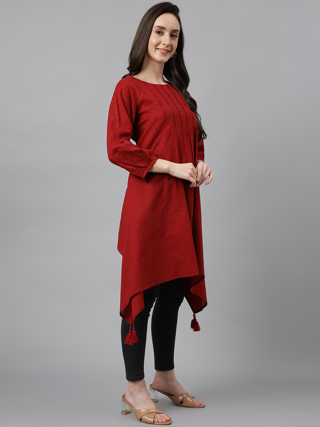Janasya Women's Maroon Dobby Cotton Solid Handkerchief Tunic - Distacart