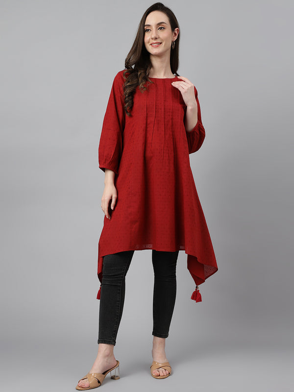 Janasya Women's Maroon Dobby Cotton Solid Handkerchief Tunic - Distacart