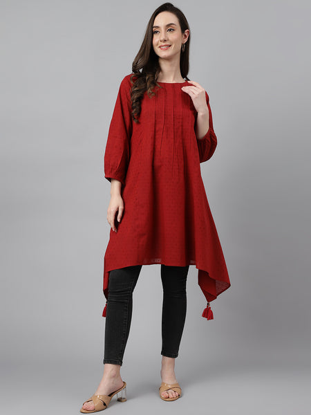 Janasya Women's Maroon Dobby Cotton Solid Handkerchief Tunic - Distacart