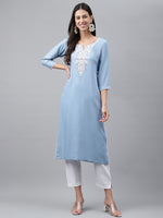 Thumbnail for Janasya Women's Light Blue Rayon Solid Casual Straight Kurta - Distacart
