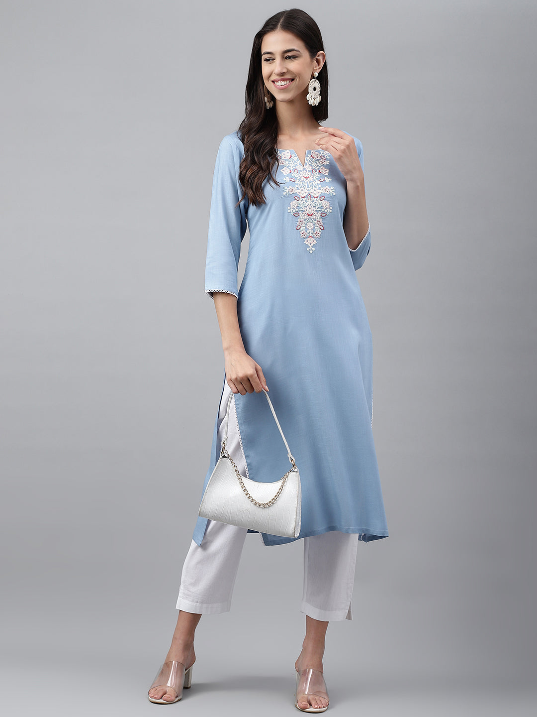 Janasya Women's Light Blue Rayon Solid Casual Straight Kurta - Distacart