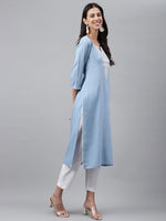 Thumbnail for Janasya Women's Light Blue Rayon Solid Casual Straight Kurta - Distacart