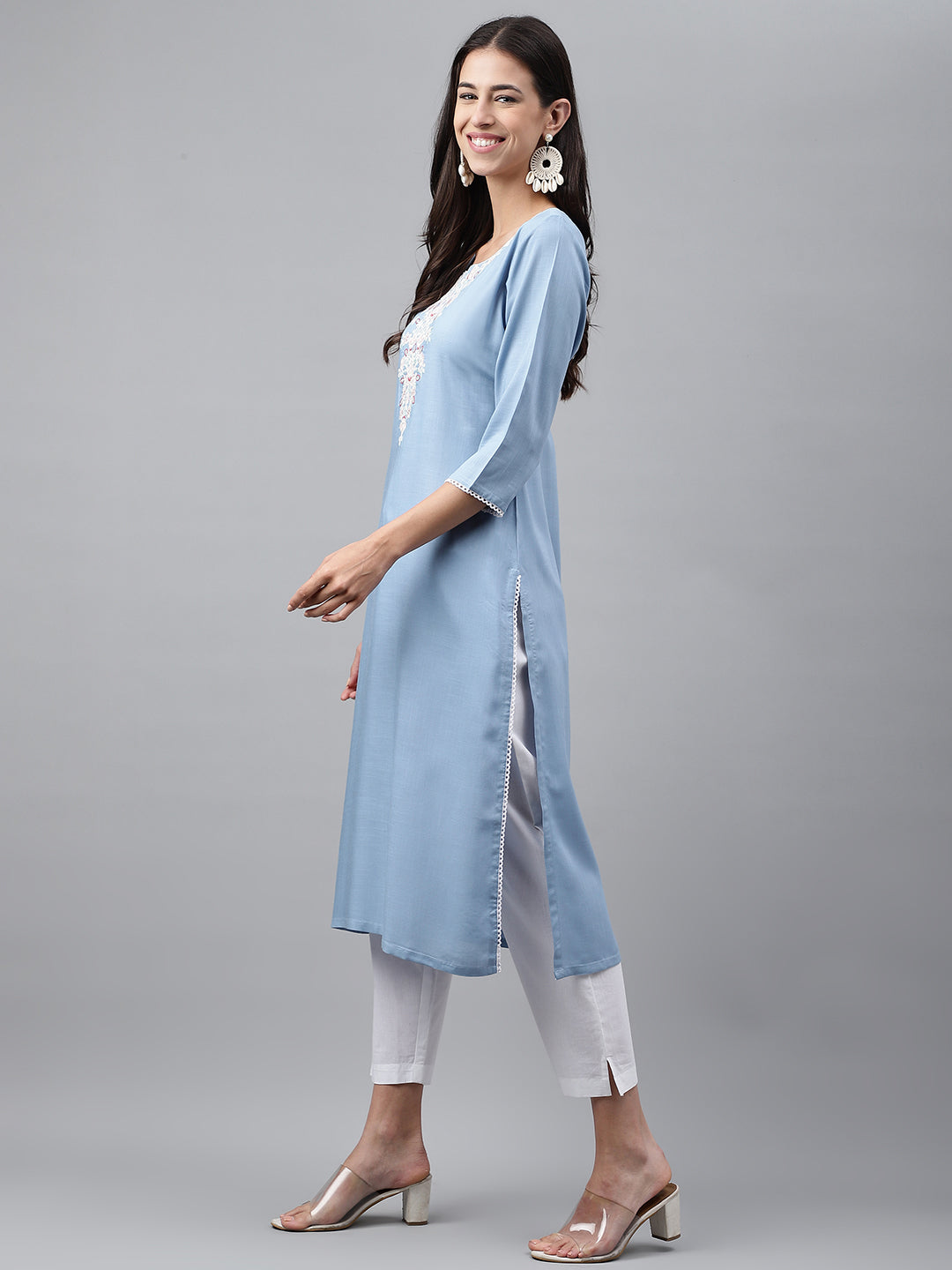 Janasya Women's Light Blue Rayon Solid Casual Straight Kurta - Distacart