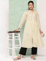 Thumbnail for Janasya Women's Off White Dobby Cotton Solid Casual A-Line Kurta - Distacart