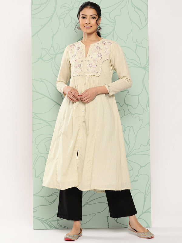 Janasya Women's Off White Dobby Cotton Solid Casual A-Line Kurta - Distacart