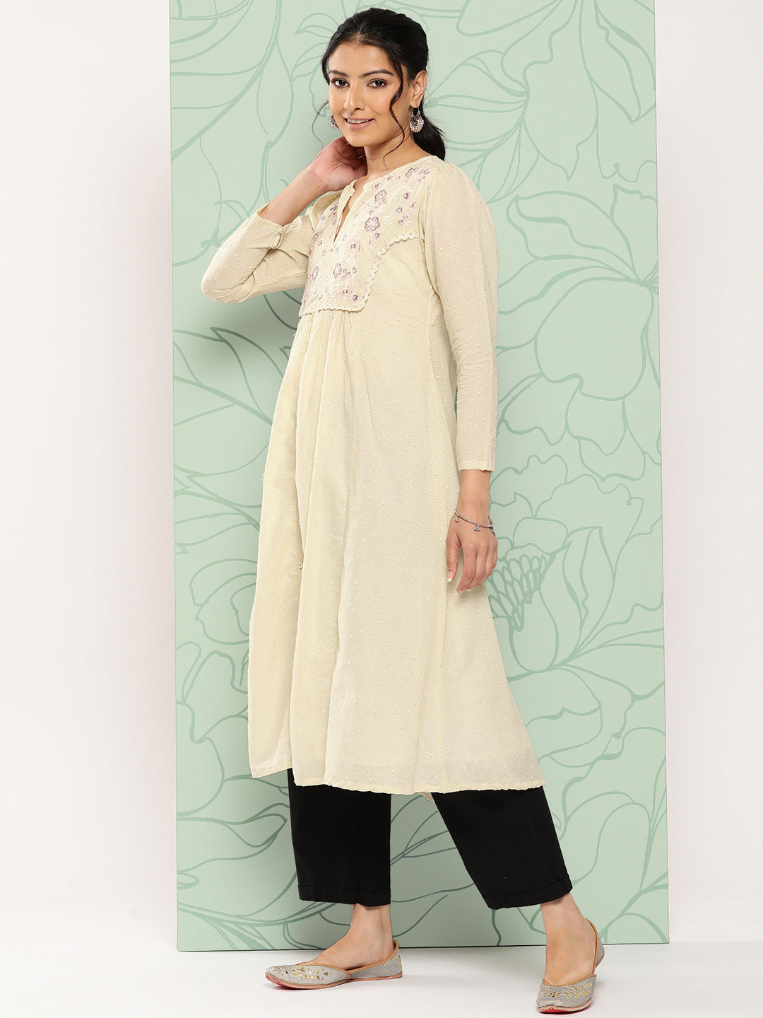 Janasya Women's Off White Dobby Cotton Solid Casual A-Line Kurta - Distacart