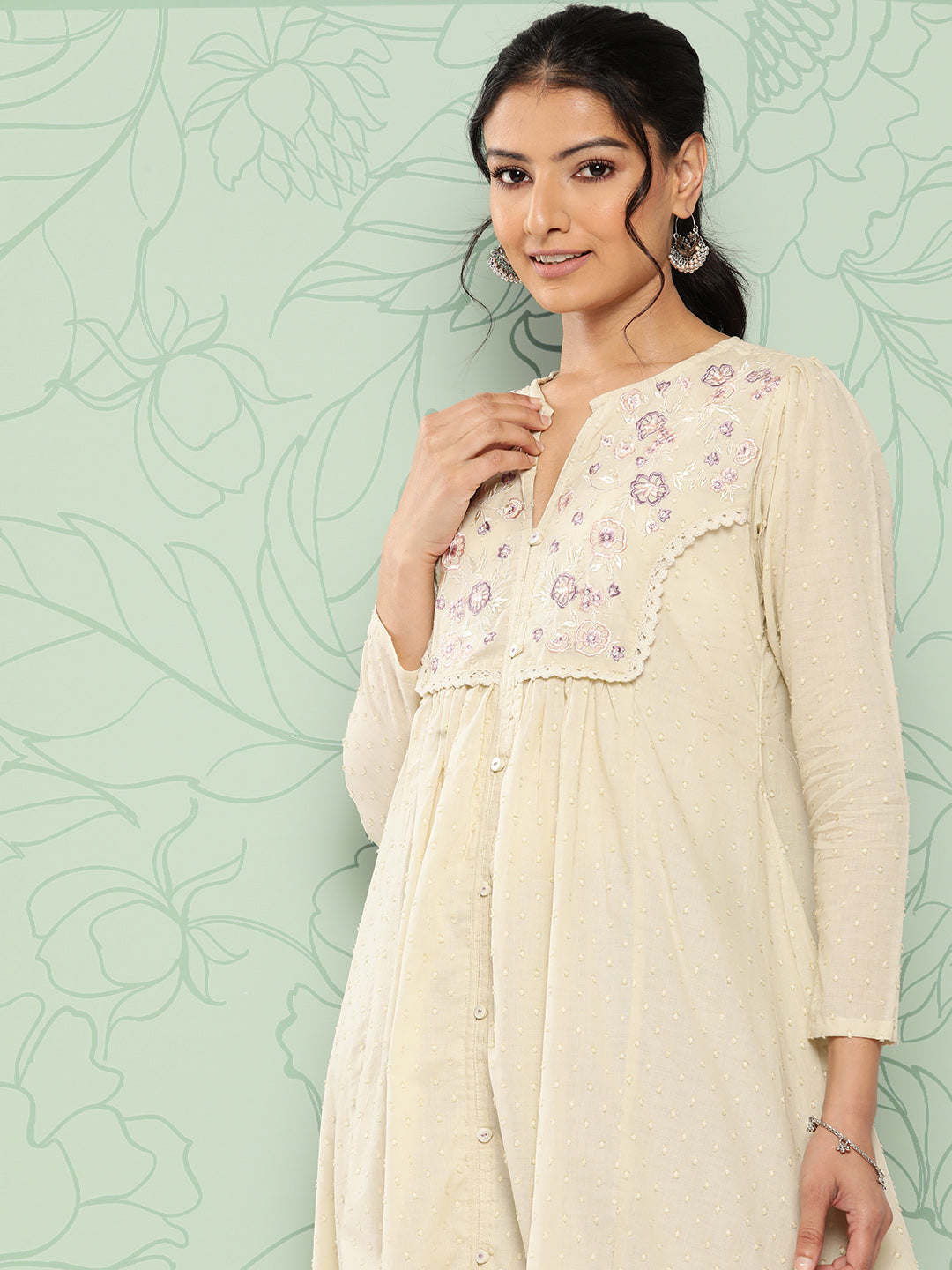 Janasya Women's Off White Dobby Cotton Solid Casual A-Line Kurta - Distacart