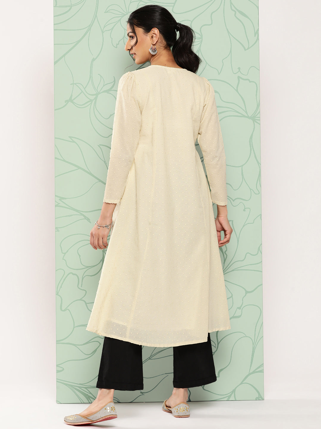 Janasya Women's Off White Dobby Cotton Solid Casual A-Line Kurta - Distacart