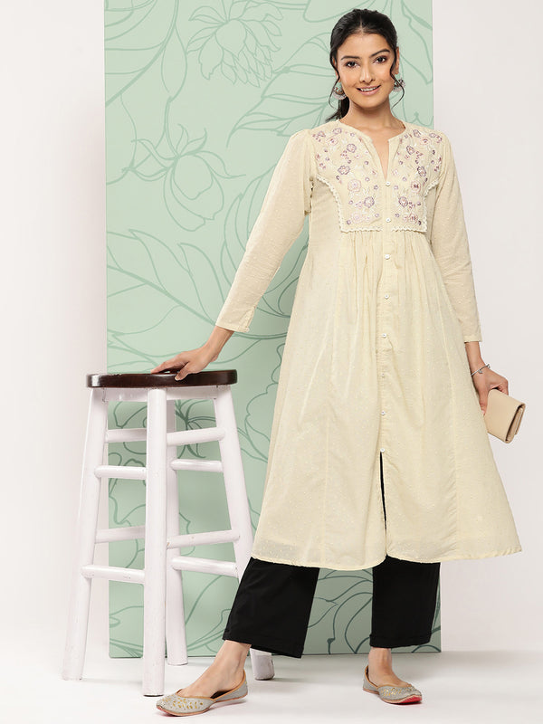 Janasya Women's Off White Dobby Cotton Solid Casual A-Line Kurta - Distacart