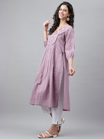 Thumbnail for Janasya Women's Lavender Dobby Cotton Solid Casual Gathered Kurta - Distacart