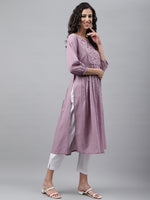 Thumbnail for Janasya Women's Lavender Dobby Cotton Solid Casual Gathered Kurta - Distacart
