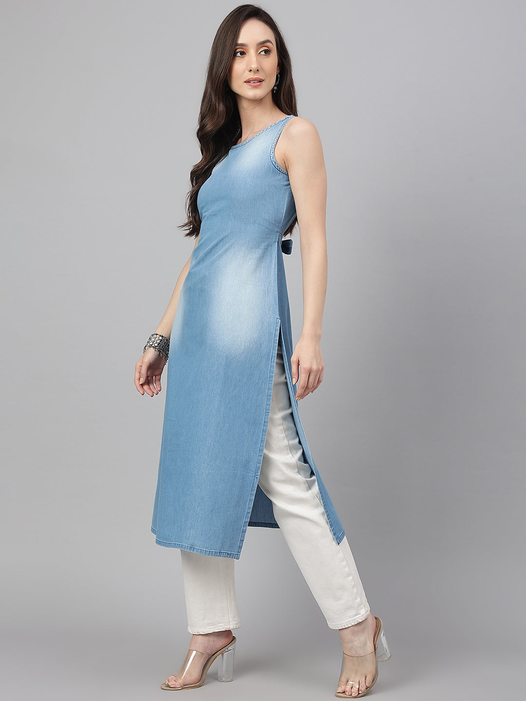 Janasya Women's Light Blue Denim Solid Casual Straight Kurta - Distacart