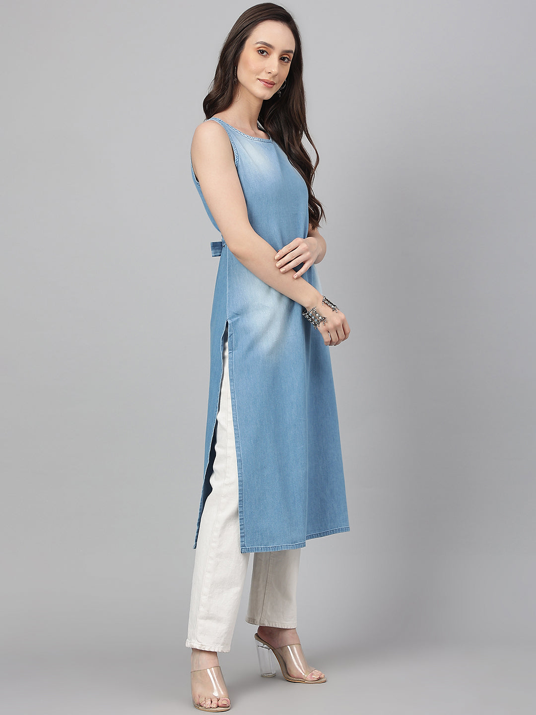 Janasya Women's Light Blue Denim Solid Casual Straight Kurta - Distacart