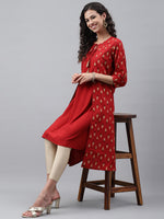 Thumbnail for Janasya Women's Red Crepe Ikat Printed Festive Jacket Style Kurta - Distacart
