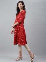 Thumbnail for Janasya Women's Red Crepe Ikat Printed Festive Jacket Style Kurta - Distacart