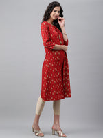 Thumbnail for Janasya Women's Red Crepe Ikat Printed Festive Jacket Style Kurta - Distacart