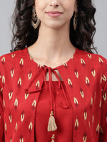 Thumbnail for Janasya Women's Red Crepe Ikat Printed Festive Jacket Style Kurta - Distacart