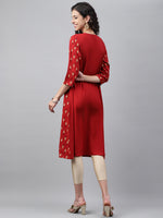 Thumbnail for Janasya Women's Red Crepe Ikat Printed Festive Jacket Style Kurta - Distacart