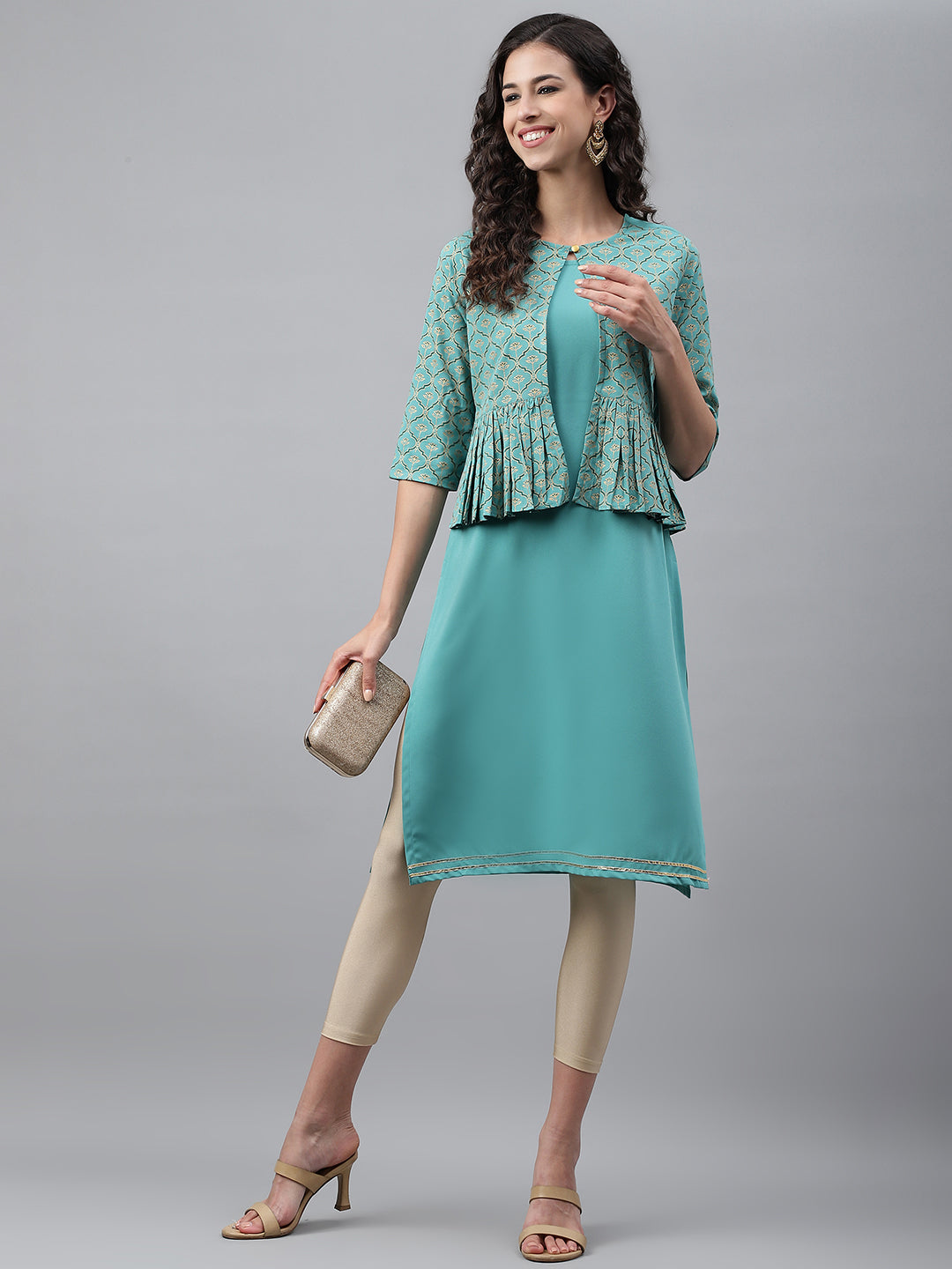 Janasya Women's Green Crepe Foil Printed Festive Jacket Style Kurta - Distacart