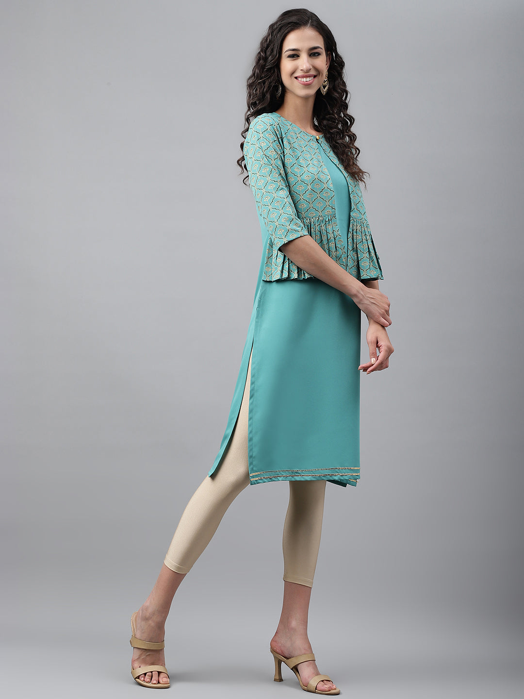 Janasya Women's Green Crepe Foil Printed Festive Jacket Style Kurta - Distacart
