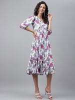 Thumbnail for Janasya Women's White Georgette Digital Printed Flared Casual Dress - Distacart