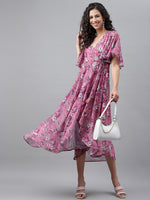 Thumbnail for Janasya Women's Pink Georgette Digital Printed Wrap Casual Dress - Distacart