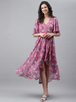 Thumbnail for Janasya Women's Pink Georgette Digital Printed Wrap Casual Dress - Distacart