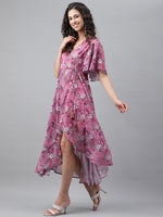 Thumbnail for Janasya Women's Pink Georgette Digital Printed Wrap Casual Dress - Distacart