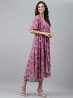Thumbnail for Janasya Women's Pink Georgette Digital Printed Wrap Casual Dress - Distacart