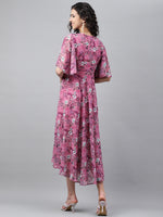 Thumbnail for Janasya Women's Pink Georgette Digital Printed Wrap Casual Dress - Distacart