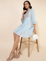 Thumbnail for Janasya Women's Sky Blue Cotton Embroidery Casual Dress - Distacart