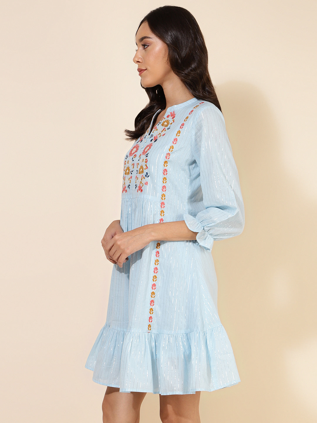 Janasya Women's Sky Blue Cotton Embroidery Casual Dress - Distacart