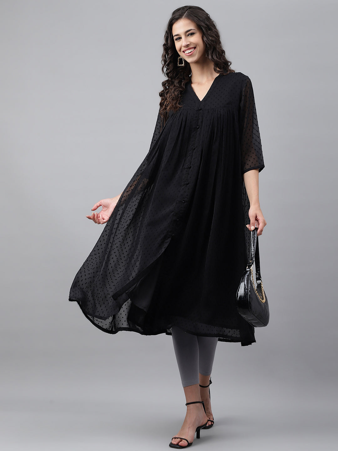 Janasya Women's Black Dobby Chiffon Self Design Festive Empire Kurta - Distacart