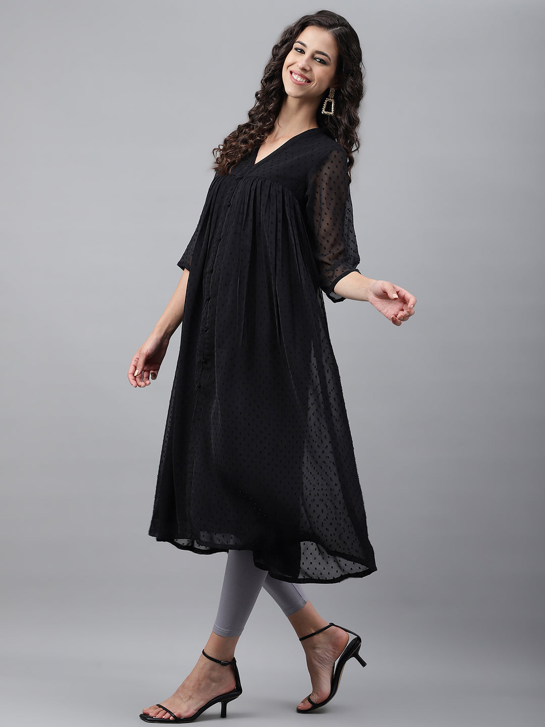 Janasya Women's Black Dobby Chiffon Self Design Festive Empire Kurta - Distacart