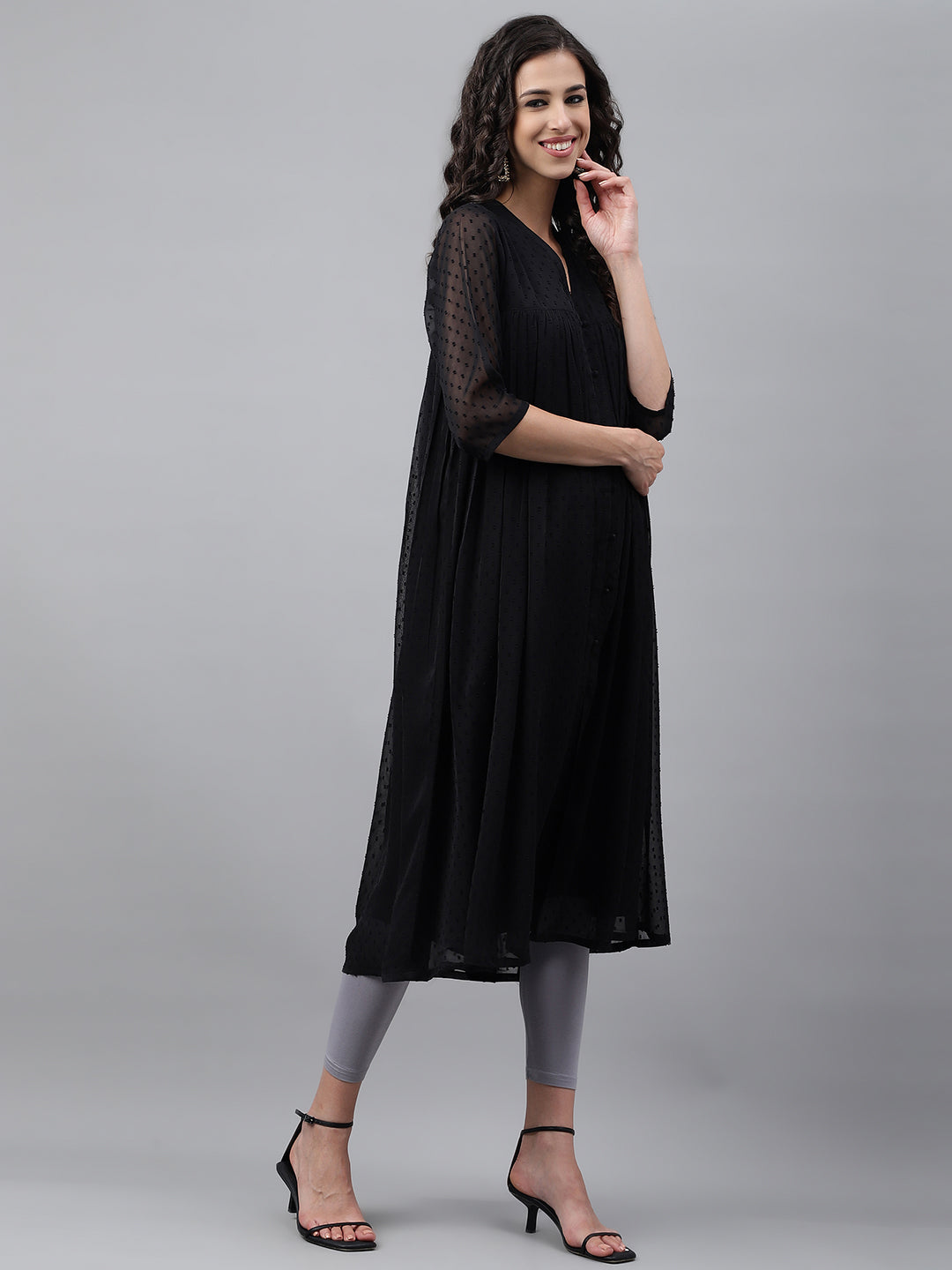Janasya Women's Black Dobby Chiffon Self Design Festive Empire Kurta - Distacart