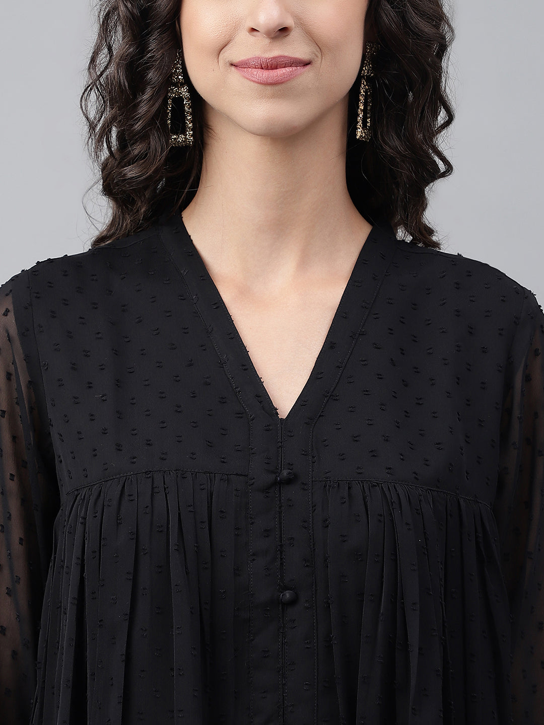 Janasya Women's Black Dobby Chiffon Self Design Festive Empire Kurta - Distacart