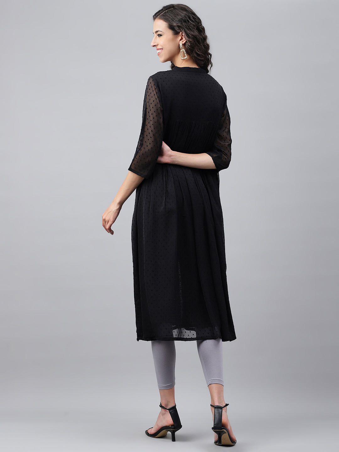 Janasya Women's Black Dobby Chiffon Self Design Festive Empire Kurta - Distacart