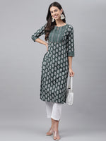 Thumbnail for Janasya Women's Dark Green Cotton Ethnic Motifs Casual Straight Kurta - Distacart