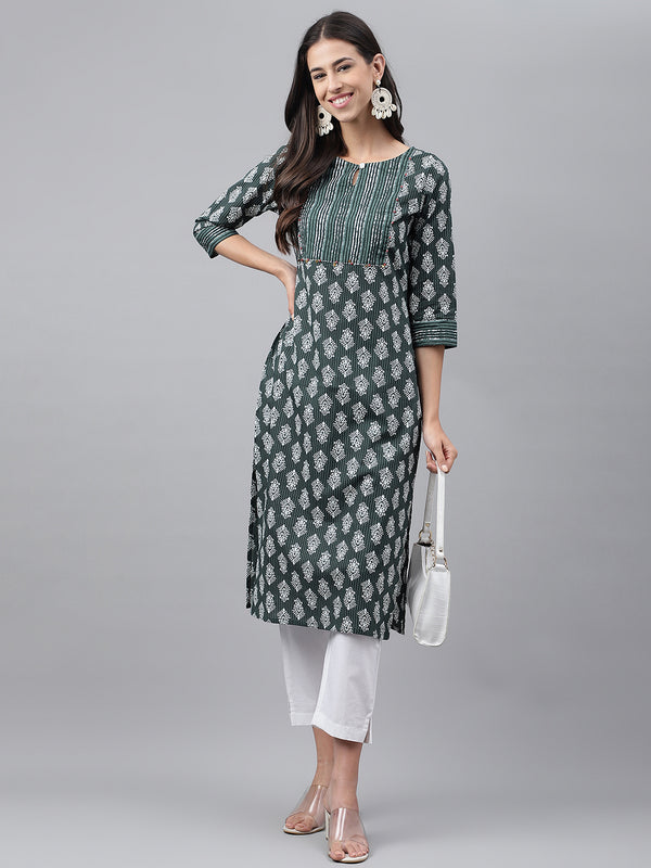 Janasya Women's Dark Green Cotton Ethnic Motifs Casual Straight Kurta - Distacart