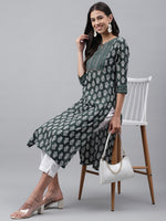 Thumbnail for Janasya Women's Dark Green Cotton Ethnic Motifs Casual Straight Kurta - Distacart